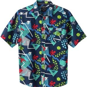 KAVU Men’s Festaruski Short Sleeve Shirt Large Button Up Geometric Retro Blue